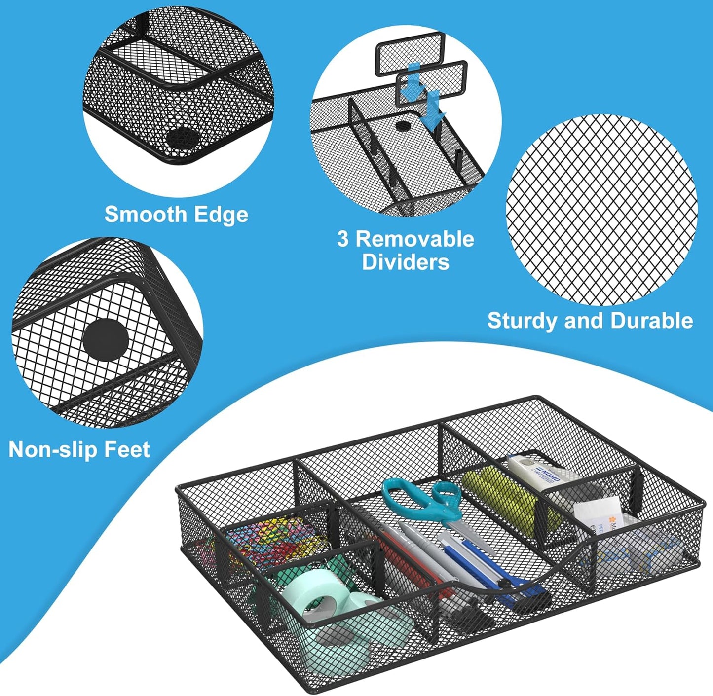 VyGrow Metal Mesh Desk Drawer Organizer Tray 6 Adjustable Compartment 12 x 8.26 x 1.96 inch Black