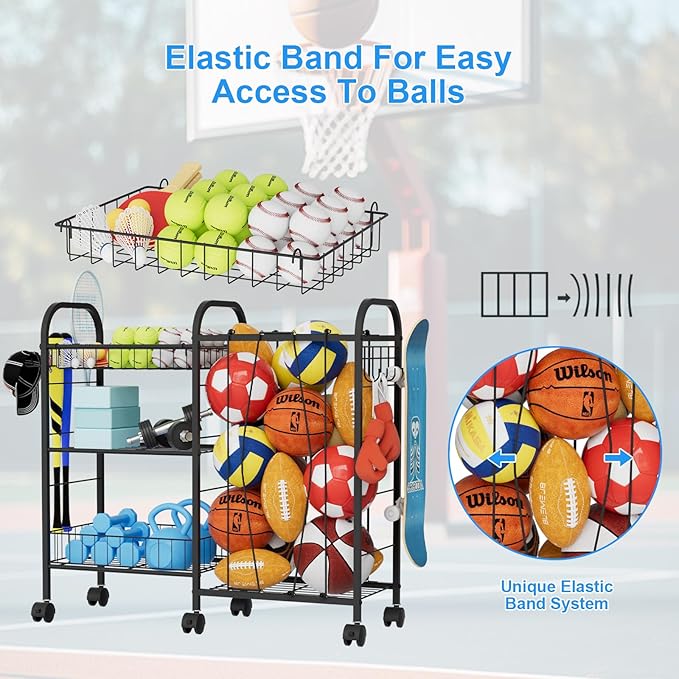 NEYCIL Ball Storage Rack, Sports Ball Storage Cart with 6 Wheels, Elastic Strap, Removable Basket, Hooks, Sports Equipment Organizer For Garage, Children's Room, Court, School, Small Gym, Outdoor