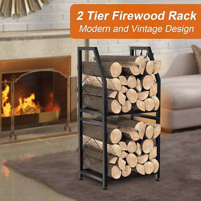 VyGrow Firewood Rack for Indoor, 2-Tier Firewood Holder with 3 Hanging Hooks, Heavy Duty Wood Rack for Outdoor Patio, Black