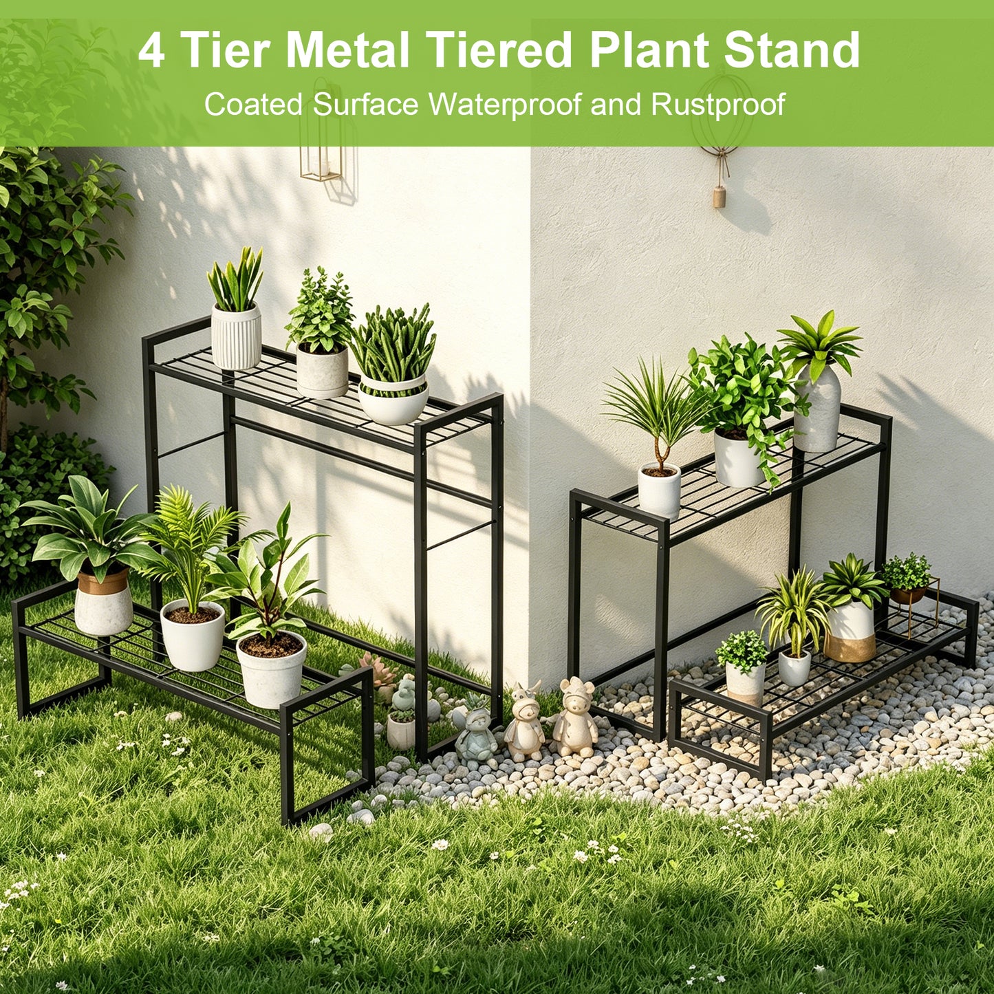 VyGrow Plant Stand, 4 Tier Stackable Tiered Plant Stand, Scalable Heavy Duty Tall Plant Shelf for Indoor Outdoor, Garden, Display Shelves, Flower Pot Holder, Blacken, Display Shelves, Flower Pot Holder, Black