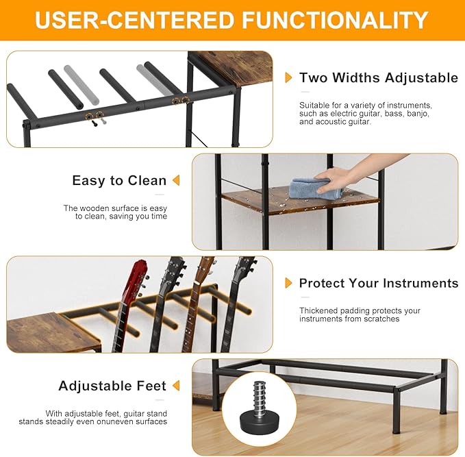 NEYCIL Guitar Stand for 4 Guitars, Adjustable Multiple Guitars Rack with Soft-Padded Protector for Acoustic, Electric, Bass & Ukulele, Guitar Display Stand with 3-tier Shelves for Amp & Vinyl Records