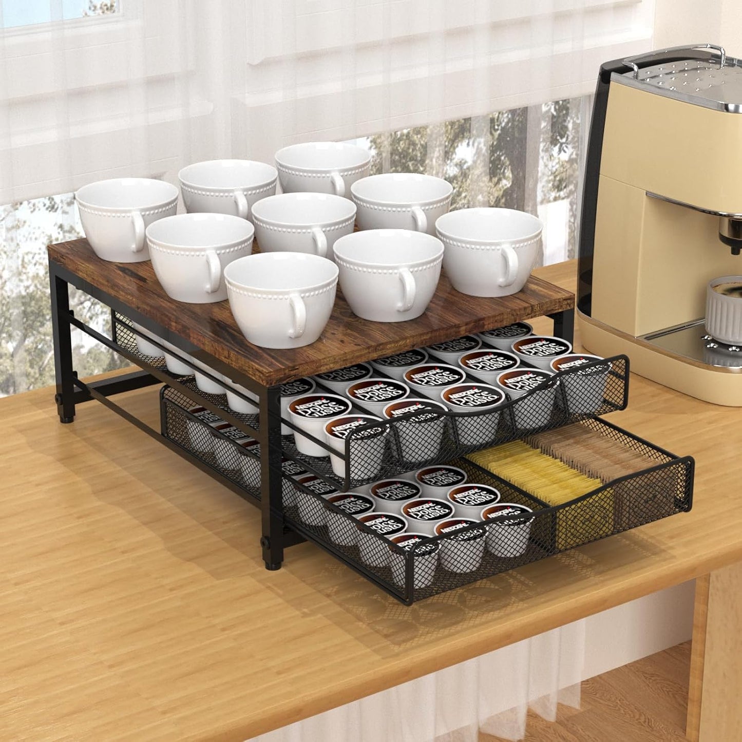VyGrow Coffee Pod Holder For Counter, Wooden K Cup Holder with Sliding Drawer, Large Capacity Coffee Pod Storage for Coffee Station, Home, Office, Kitchen