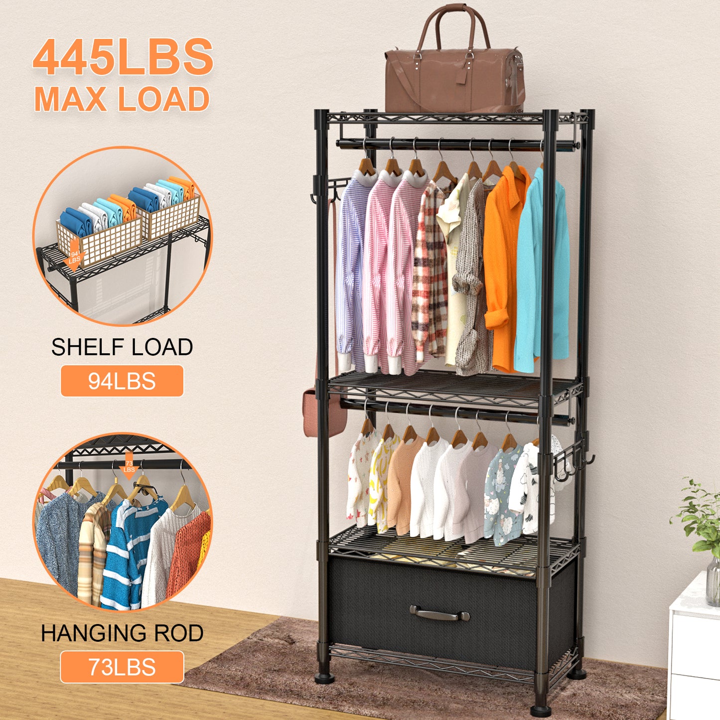 VyGrow Clothes Rack, Clothing Rack for Hanging Clothes, Kids Clothes Rack, 4 Tiers Adjustable Closet Organizer with Drawer | Double Rods | Side Hooks | Load 445lbs | ‎13.18" D x 23" W x 78.74" H