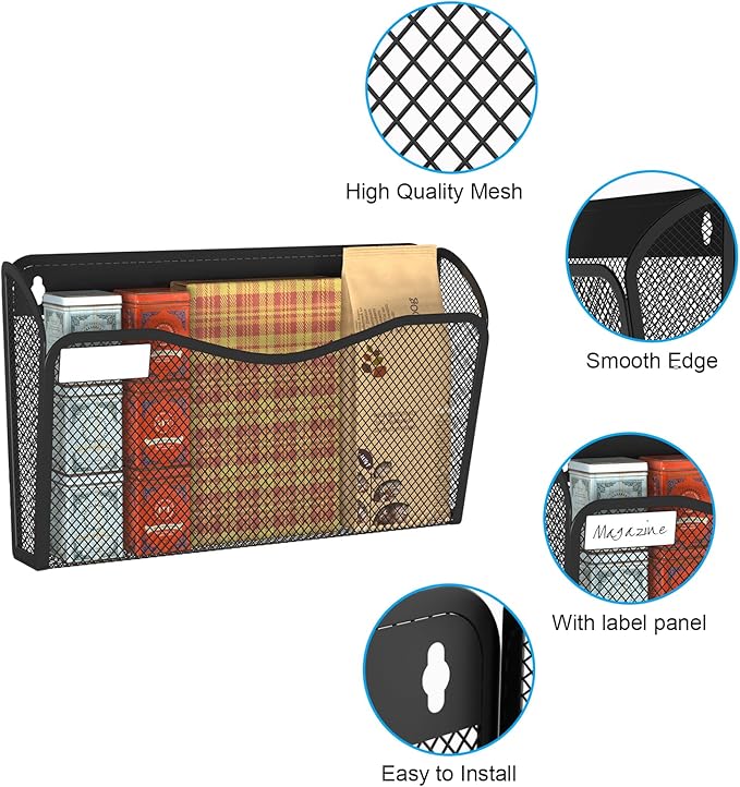 BOHDK Wall File Organizer, Mesh Hanging File Organizer, Home Office Organization and Storage, 6 Single Pockets Document Magazine Rack