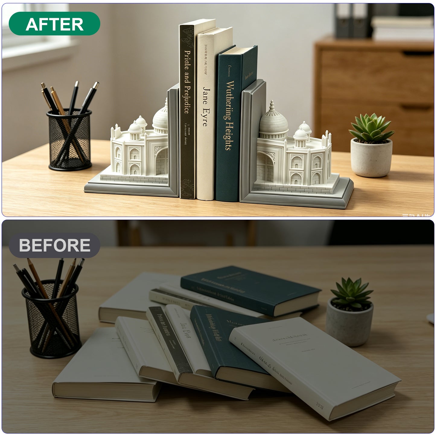 Book Ends for Shelves, Heavy Duty Decorative Bookends, Non-Skid Castle Design Book Holder for Heavy Books/CDs, Modern Aesthetic Resin Shelf Decor, Book Stopper for Home Office, Set of 2, White