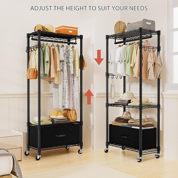 VyGrow Clothes Rack, Clothing Rack for Hanging Clothes, 3 Tiers Adjustable Closet Organizer System with Drawer | Hanging Rod | Side Hooks | Load 445lbs | 23" L x 13.1" W x 78.7" H | Black