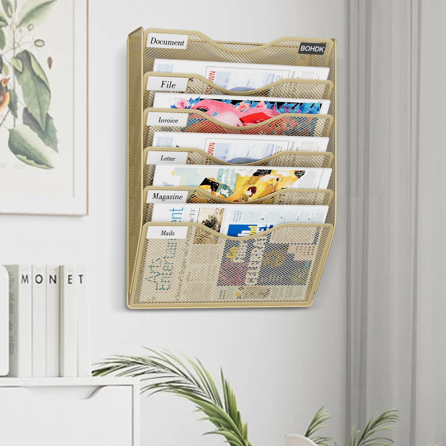 Wall File Organizer, Hanging File Folder Mail Organizer, Vertical Mesh Metal Door/Wall Mount Hanging File Holder, Paper Document Magazine Rack with Hooks for Home Office (6 Tier Gold)