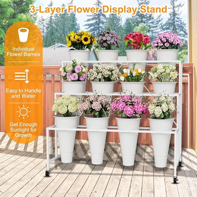 NEYCIL Flower Stand, 3-Tier Flower Display Stand with Buckets for Indoor Outdoor, Flower Cart Display Stand with Wheels for Courtyard, Balcony, Flower Shop, Wedding, Party, Exhibition, White