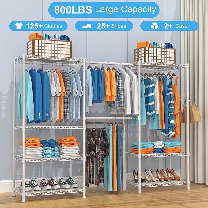 VyGrow Clothes Rack for Hanging Clothes, Adjustable Heavy Duty Clothing Rack with 4 Hang Rods & 7 Shelves, Load 800LBS, 70.47" L x 13.58" W x 76.77" H, White
