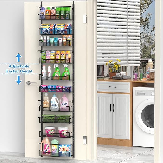 VyGrow Over the Door Pantry Organizer, 10-Tier Over the Door Organizer with Adjustable Basket, Door Organization for Pantry Kitchen Storage Room Spice Rack, Black