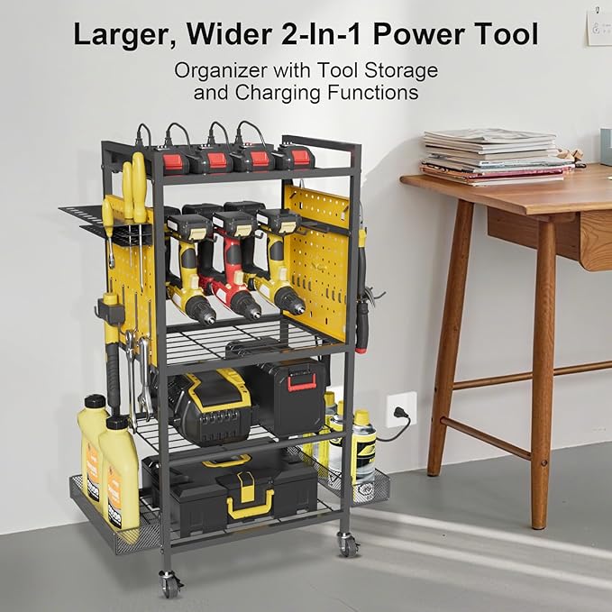 NEYCIL Power Tool Organizer Cart with Charging Station, Heavy Duty Garage Tool Organizer Rolling Tool Battery Storage with 8-Outlet Power Strip, 4 Wheels, 2 Hanging Baskets, 8 Hooks, Drill Bit Holder, Yellow
