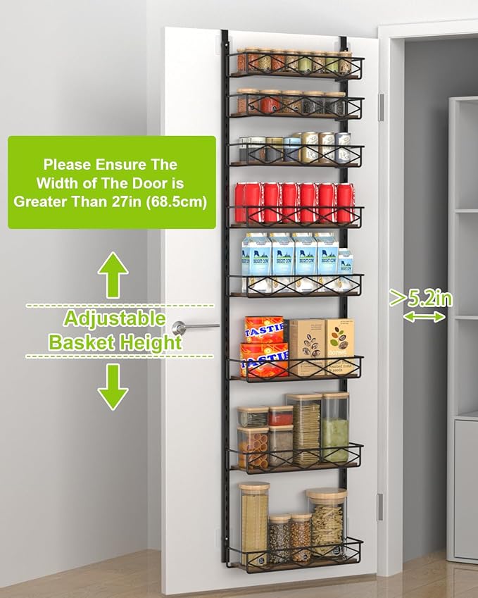 VyGrow Over The Door Pantry Organizer, 8-Tier Wood & Metal Over The Door Organizer with Adjustable Basket, Hanging Spice Rack, Door Organization and Storage for Kitchen Pantry Door Cabinet, Black