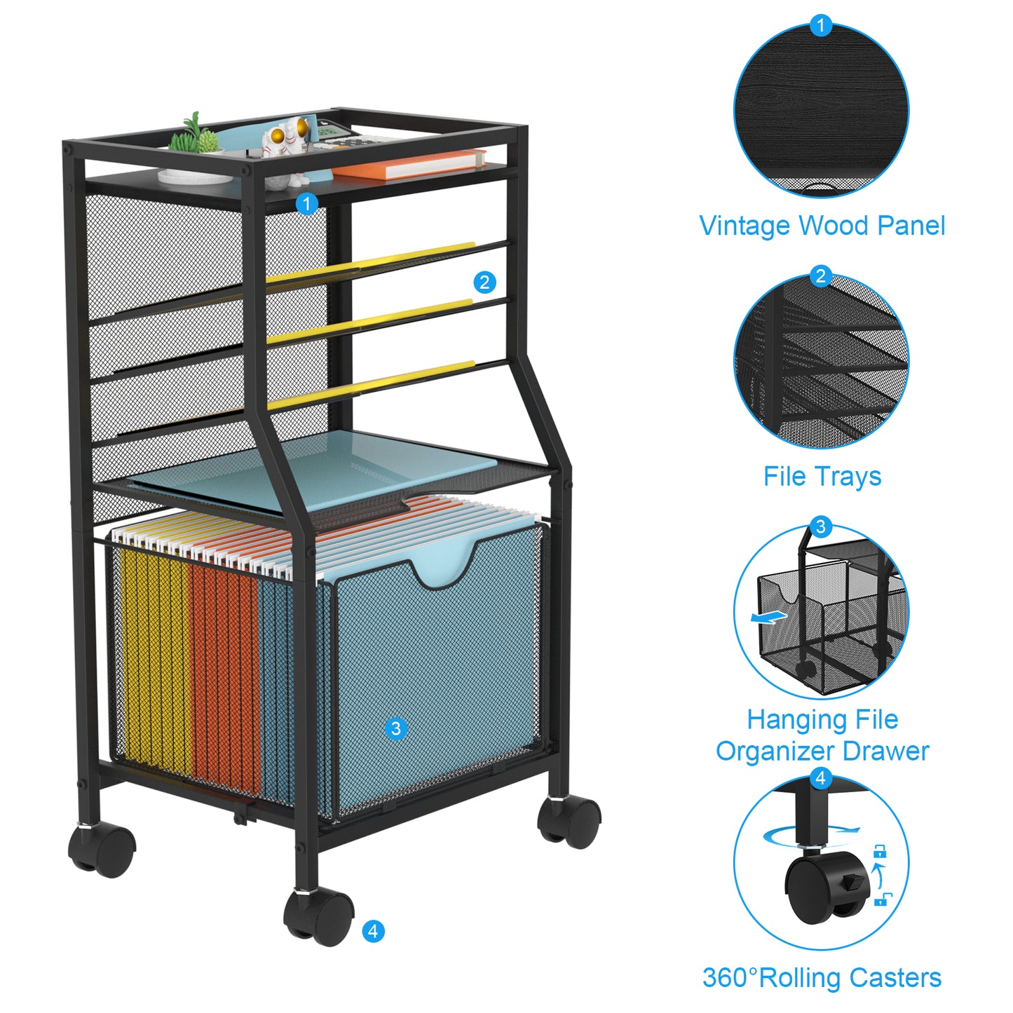BOHDK Rolling File Cart, 6-Tier Desk File Organizer on Lockable Wheels, Black Wood Planks & Mesh Sliding Hanging Folder Drawer, Organization Cart for Office Home School