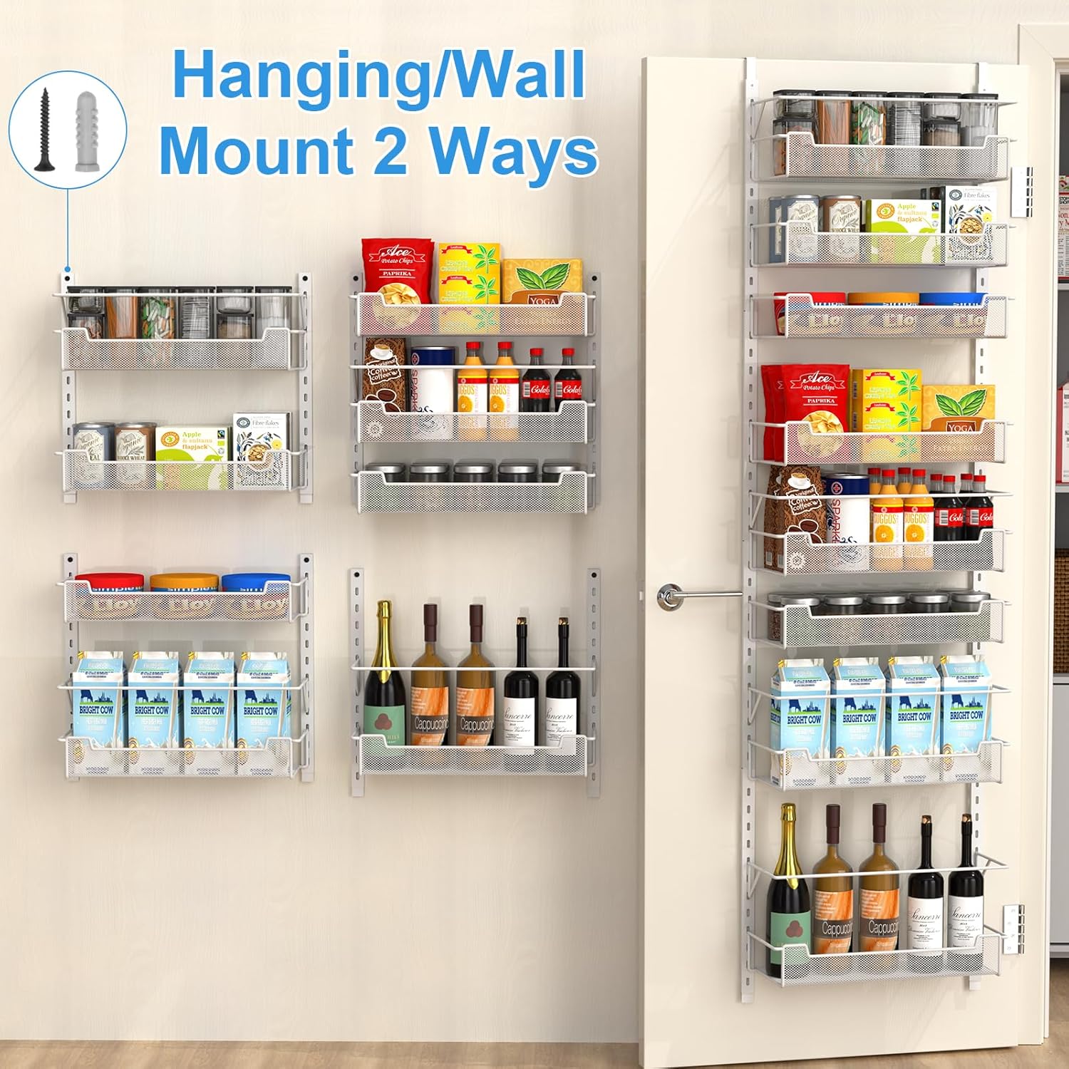 VyGrow Over the Door Pantry Organizer, 6-Tier Over the Door Organizer with Adjustable Basket, Pantry Door Organization for Pantry Kitchen Storage Room Spice Rack, White