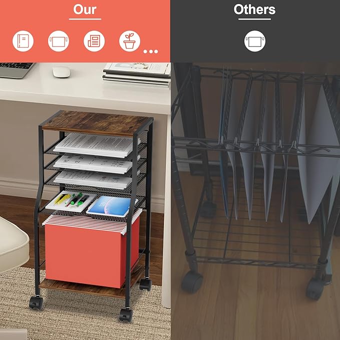 BOHDK Rolling File Cart, 6-Tier Under Desk Organizer on Lockable Wheels, Brown Wood Planks & Mesh File Cart with Hanging File Folders Rack and Paper Trays for Office Home, 14.7" L x 11.8" D x 27.5" H