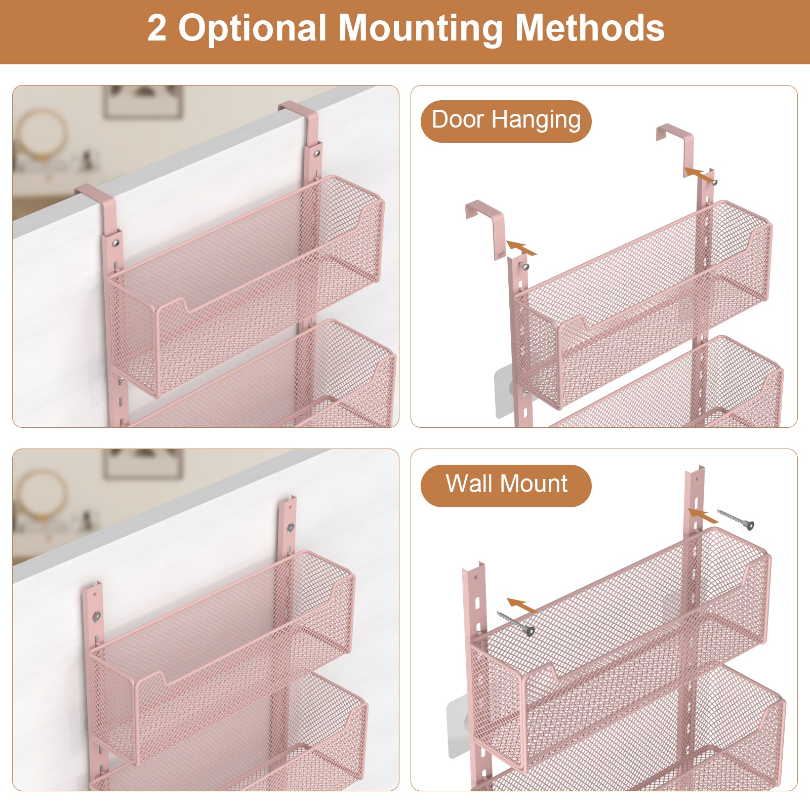 VyGrow Over The Door Organizer, Metal Door Organizer Hanging with 5 Adjustable Baskets and Coat Hook, Behind The Door Storage for Bedroom Closet Bathroom Pantry Cabinet Kitchen, Pink