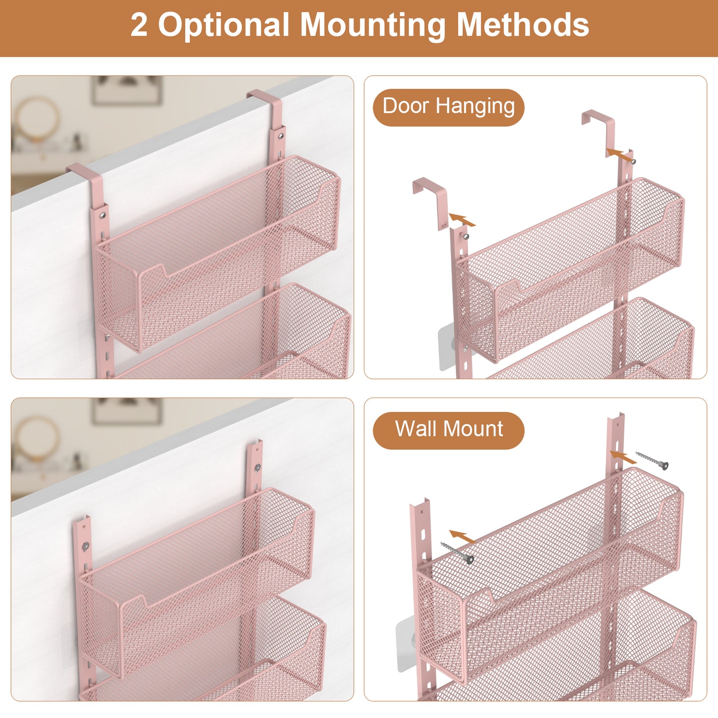 VyGrow Over The Door Organizer, Metal Door Organizer Hanging with 5 Adjustable Baskets and Coat Hook, Behind The Door Storage for Bedroom Closet Bathroom Pantry Cabinet Kitchen, Pink