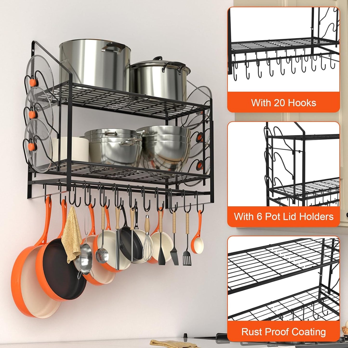 VyGrow 35 Inch Pot Rack Wall Mounted, 2 Tier Pots and Pans Organizer with 20 Hooks and 6 Pot Lid Holders, Heavy Duty Steel Pot and Pan Hanger for Kitchen Cookware Utensils Storage 34.7" Lx13 Wx26.4 H