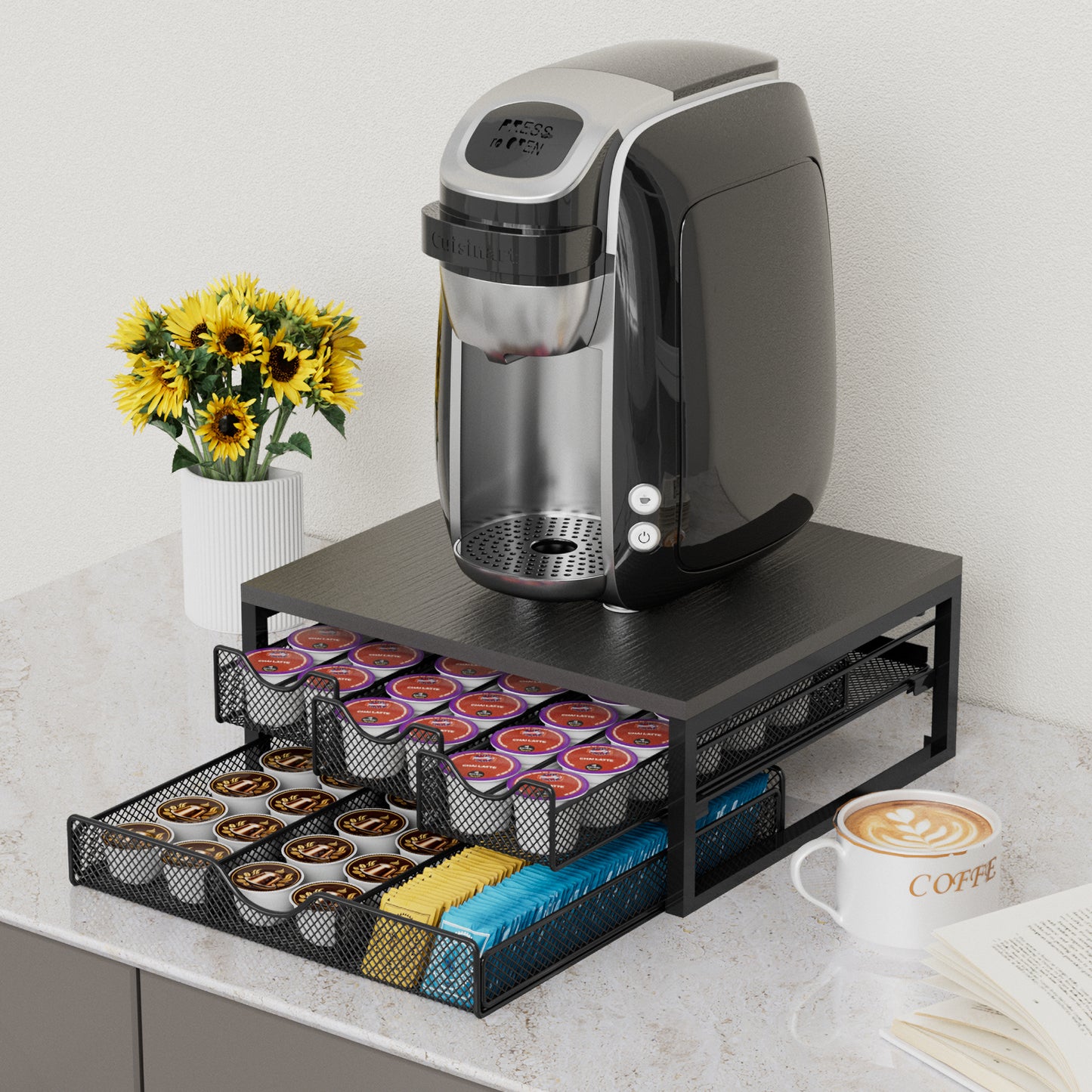 NEYCIL Coffee Pod Holder For Counter, 3 Pull-Out 72 K-Cup Holder Drawer, Wooden Cafe Pods Storage Organizer with Sliding Drawers for Coffee Station, Home, Kitchen, Office, Dorm, Black