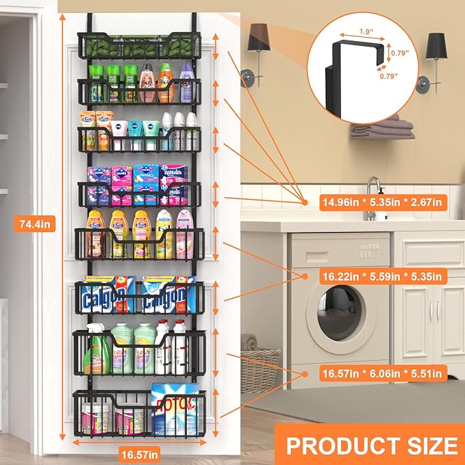 VyGrow Over The Door Pantry Organizer, 8-Tier Pantry Door Organizer Shelves | 3 Sizes | Adjustable Basket | Metal Hanging Spice Rack for Kitchen, Pantry, Cabinet, Back of Door Seasoning Rack, Black