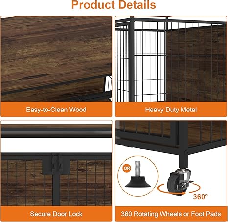 VyGrow Dog Crate Furniture for Large Dogs, Wooden Dog Kennel with Double Doors, Heavy Duty End Table Dog Crate for Dogs Indoor, Rotating Wheels or Foot Pads (39.4" L x 28.3" W x 31.7" H)