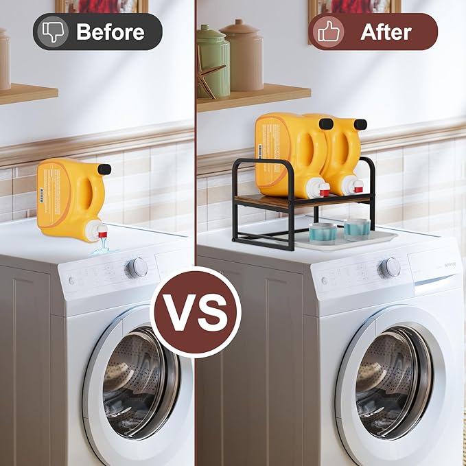 NEYCIL Laundry Detergent Holder, Wooden Laundry Detergent Holder Stand, Metal Laundry Liquid Detergent Organizer with Drip Tray for Laundry Room Organization and Storage, Black