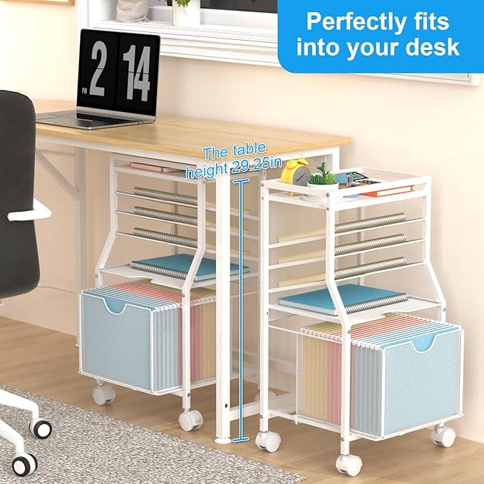 BOHDK Rolling File Cart, 6-Tier Desk File Organizer on Lockable Wheels, White Wood Planks & Mesh Sliding Hanging Folder Drawer, Organization Cart for Office Home School