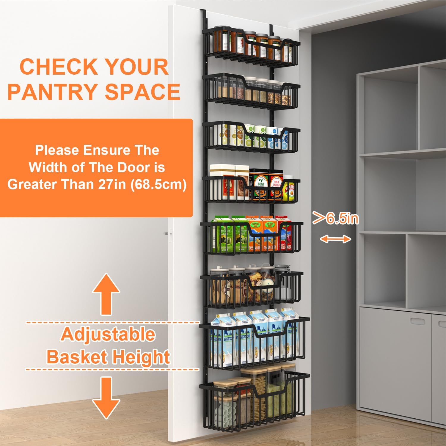 VyGrow Over The Door Pantry Organizer, 8-Tier Pantry Door Organizer Shelves | 3 Sizes | Adjustable Basket | Metal Hanging Spice Rack for Kitchen, Pantry, Cabinet, Back of Door Seasoning Rack