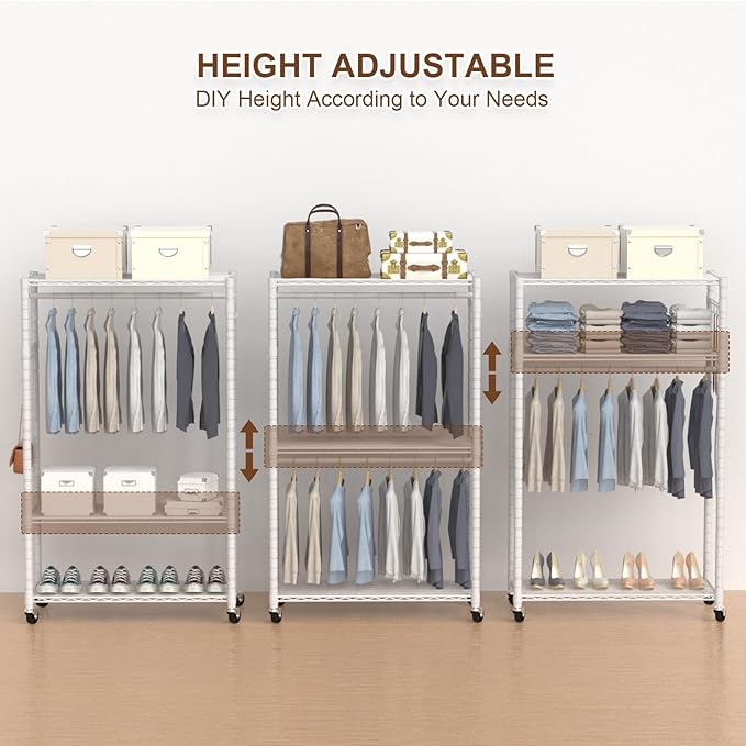 VyGrow Clothes Rack, Clothing Rack for Hanging Clothes, 3 Tiers Adjustable Heavy Duty Closet Organizer with Wheels | Double Rods | Side Hooks | Load 445lbs | 35.43" L x 15.7" W x 78.34" H | White