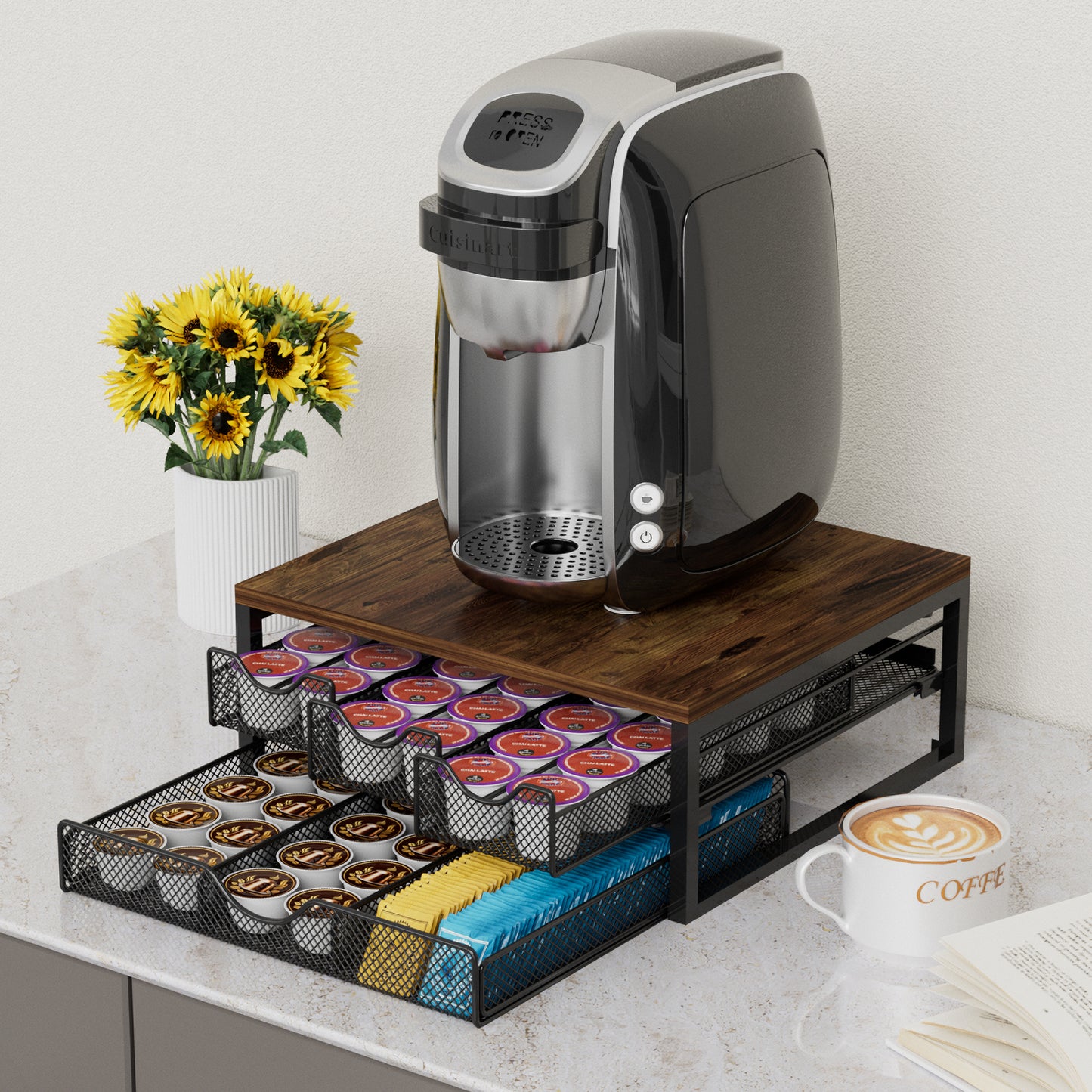 Coffee Pod Holder For Counter, 3 Pull-Out 72 K-Cup Holder Drawer, Wooden Cafe Pods Storage Organizer with Sliding Drawers for Coffee Station, Home, Kitchen, Office, Dorm (Antique Finish)
