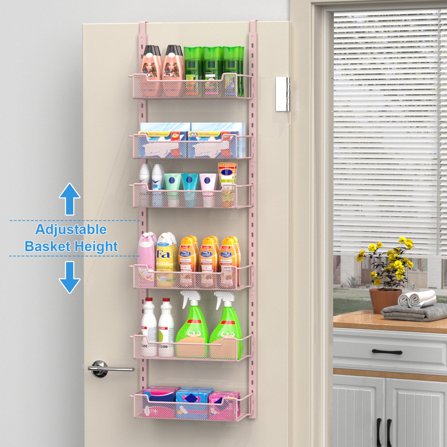 VyGrow 12.3" W Narrow Over the Door Pantry Organizer, 6-Tier Over the Door Organizer with Adjustable Basket, Pantry Door Organization for Pantry Kitchen Storage Room Spice Rack, Pink