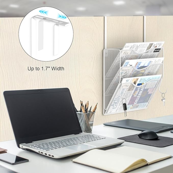 BOHDK Wall File Organizer, 3 Tire Hanging File Folder Mail Organizer, Vertical Mesh Metal Door/Wall Mount Hanging File Organizer, Paper Document Magazine Rack with Hooks for Home Office White