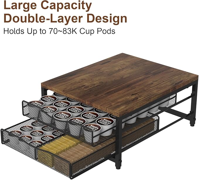 VyGrow Coffee Pod Holder For Counter, Wooden K Cup Holder with Sliding Drawer, Large Capacity Coffee Pod Storage for Coffee Station, Home, Office, Kitchen