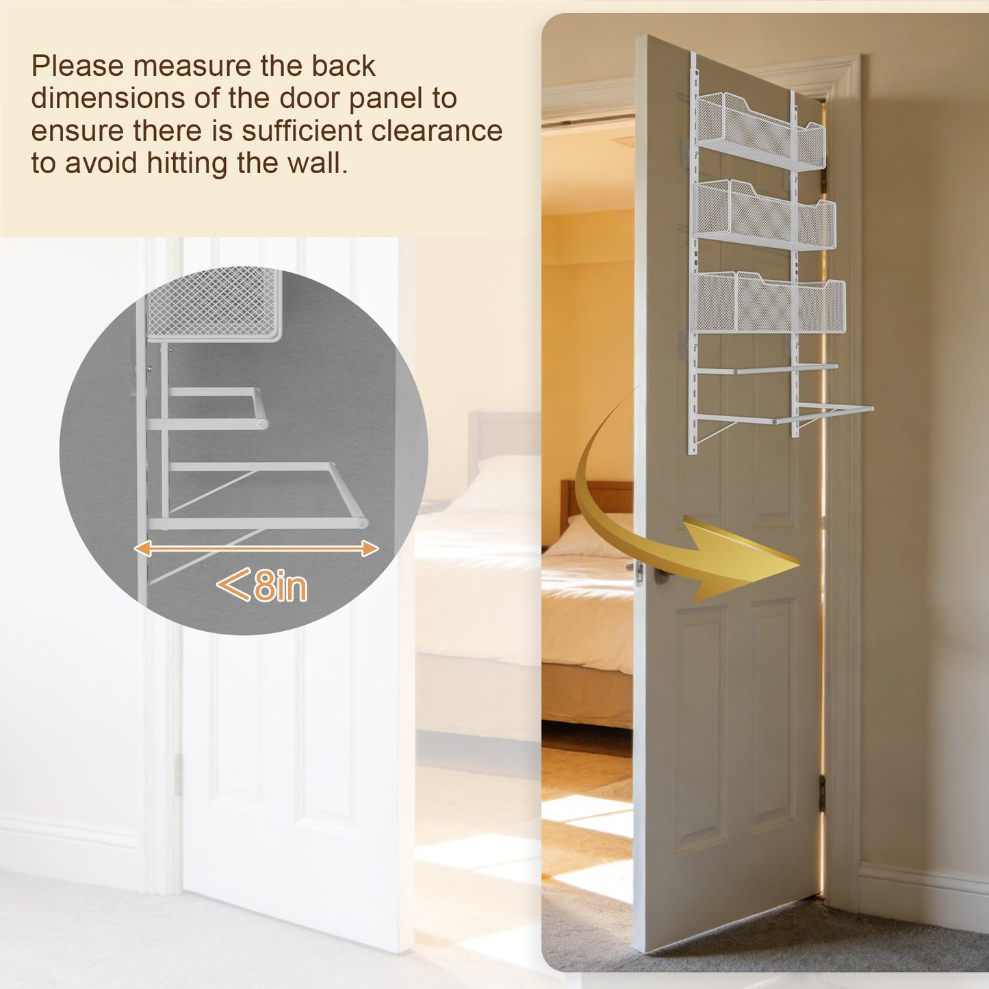 VyGrow Over The Door Clothes Hanging Rod with 3 Tier Mesh Baskets, Metal Over The Door Hanger for Coat, Clothes Drying Rack for Door for Laundry Bathroom Bedroom Office, White