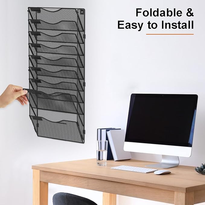 BOHDK 10 Pocket Mesh Hanging Wall File Organizer, Wall Mounted Mail Paper Document Folder Holder, Foldable File Folder Organizer with Label Panel | 2 Hooks | Office Home School Organizer, Black