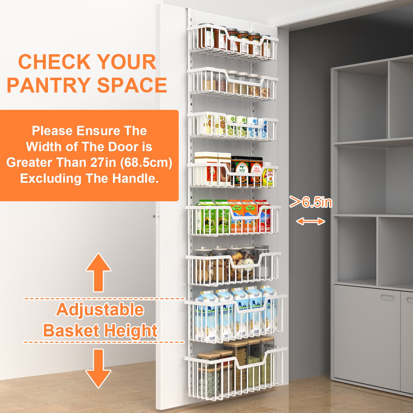 VyGrow Over The Door Pantry Organizer, 8-Tier Pantry Door Organizer Shelves | 3 Sizes | Adjustable Basket | Metal Hanging Spice Rack for Kitchen, Pantry, Cabinet, Back of Door Seasoning Rack