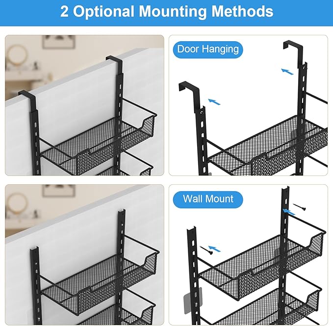 VyGrow 12.3" W Narrow Over the Door Pantry Organizer, 8-Tier Over the Door Organizer with Adjustable Basket, Pantry Door Organization for Pantry Kitchen Storage Room Spice Rack, Black