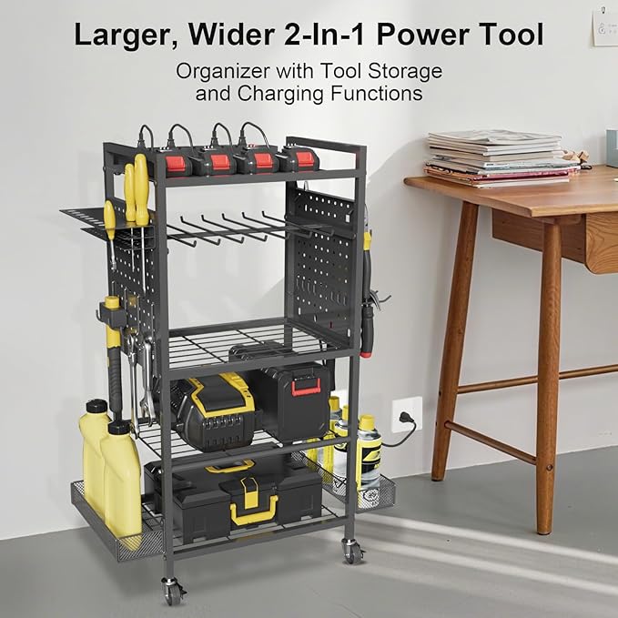 NEYCIL Power Tool Organizer Cart with Charging Station, Heavy Duty Garage Tool Organizer Rolling Tool Battery Storage with 8-Outlet Power Strip, 4 Wheels, 2 Hanging Baskets, 8 Hooks, Drill Bit Holder, Black