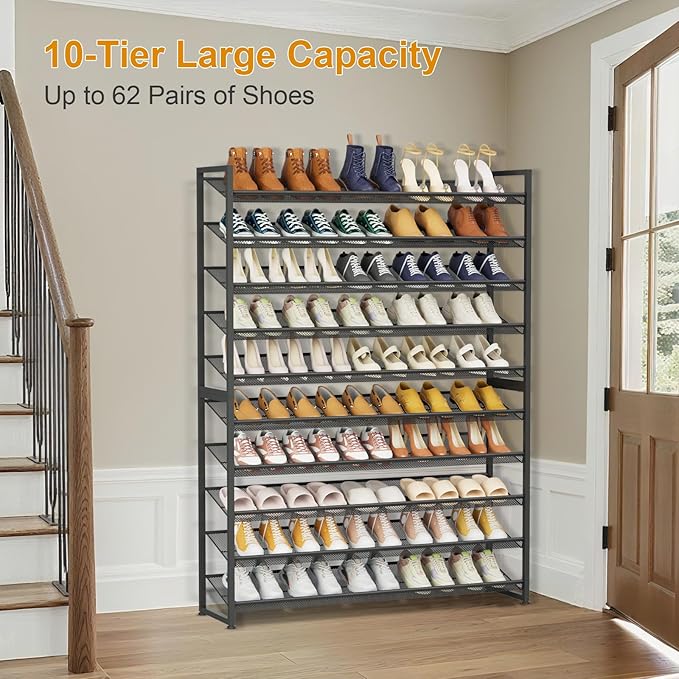 NEYCIL Large Shoe Rack 10 Tier Shoe Organizer, Heavy Duty Metal 5-Tier Stackable Shoe Storage Vertical Shoe Rack for Closet Front Door Entrance, Up to 62 Pairs, 44.8" W x 11.4" D x 71.2" H, Black