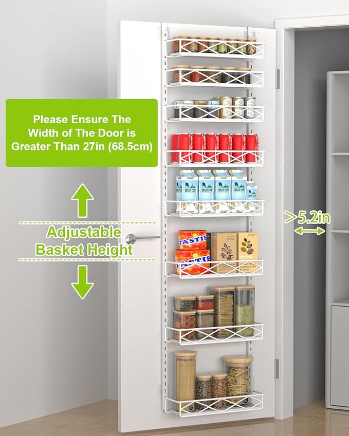 VyGrow Over The Door Pantry Organizer, 8-Tier Wood & Metal Over The Door Organizer with Adjustable Basket, Hanging Spice Rack, Door Organization and Storage for Kitchen Pantry Door Cabinet, White