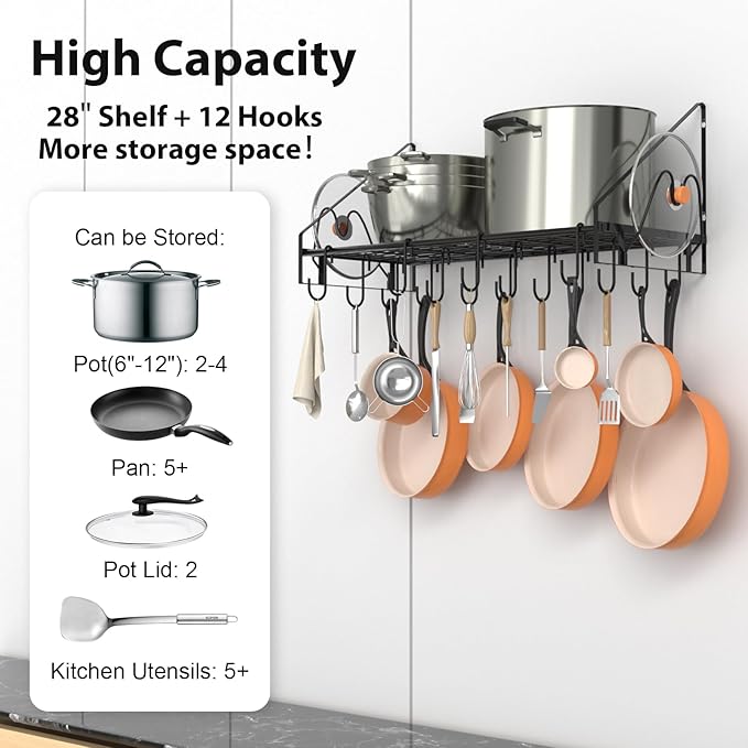 VyGrow 28 Inch Pot Rack Wall Mounted, Pots and Pans Organizer with 12 Hooks and 2 Pot Lid Holders, Heavy Duty Steel Pot and Pan Hanger for Kitchen Cookware Utensils Storage 34.7" Lx13 Wx12.6 H