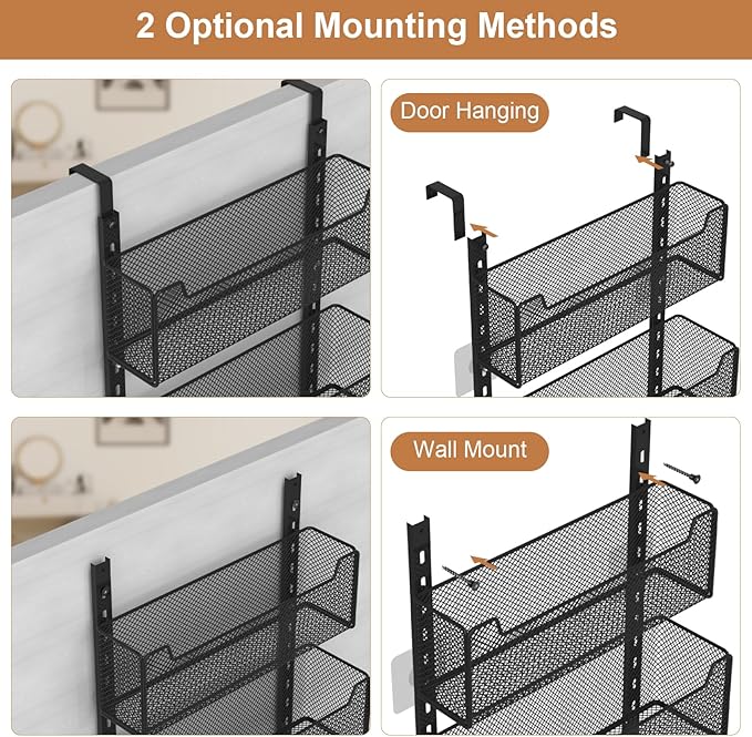 VyGrow Over The Door Organizer, Metal Door Organizer Hanging with 5 Adjustable Baskets and Coat Hook, Behind The Door Storage for Bedroom Closet Bathroom Pantry Cabinet Kitchen, Black