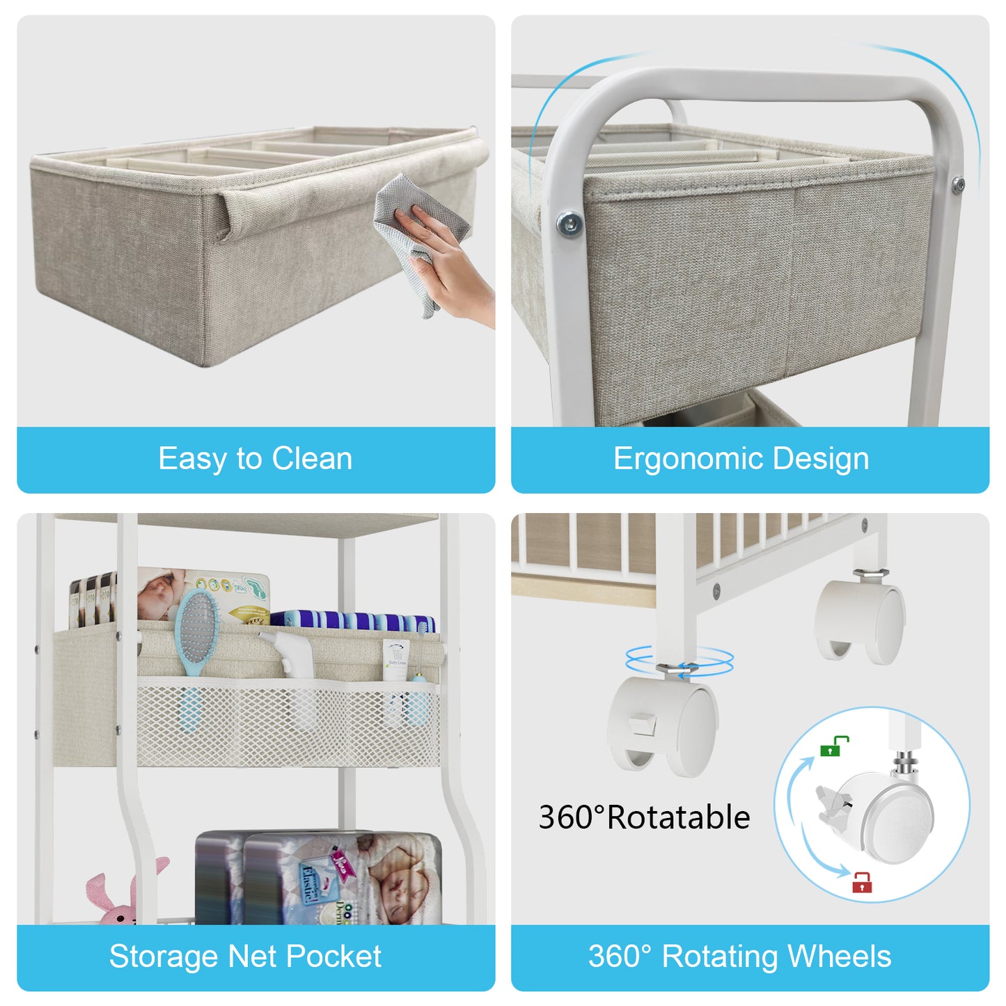 3-tier Baby Diaper Caddy Organizer and Storage Cart with 4+3 Dividers, Metal Utility Cart with Lockable Wheels for Nursery, Bedroom, Bathroom, White