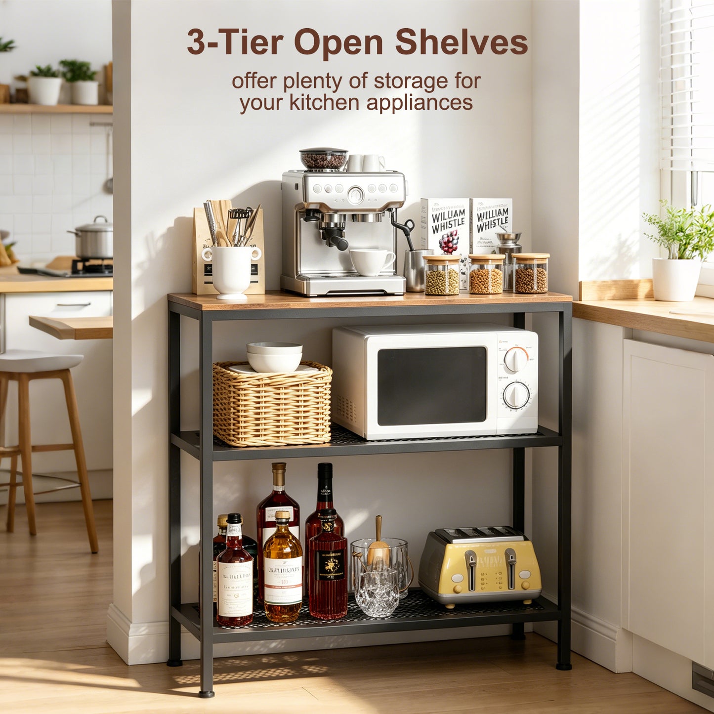 Kitchen Island with 3 Tier Storage, Height-Adjustable Kitchen Shelf, Microwave Stand for Dining, Sturdy Metal Frame, 30.7" L x 13.77" D x 31.51" H,Rustic Brown and Black