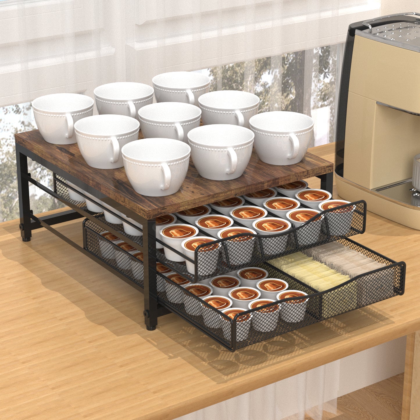 VyGrow Coffee Pod Holder For Counter, Wooden K Cup Holder with Sliding Drawer, Large Capacity Coffee Pod Storage for Coffee Station, Home, Office, Kitchen
