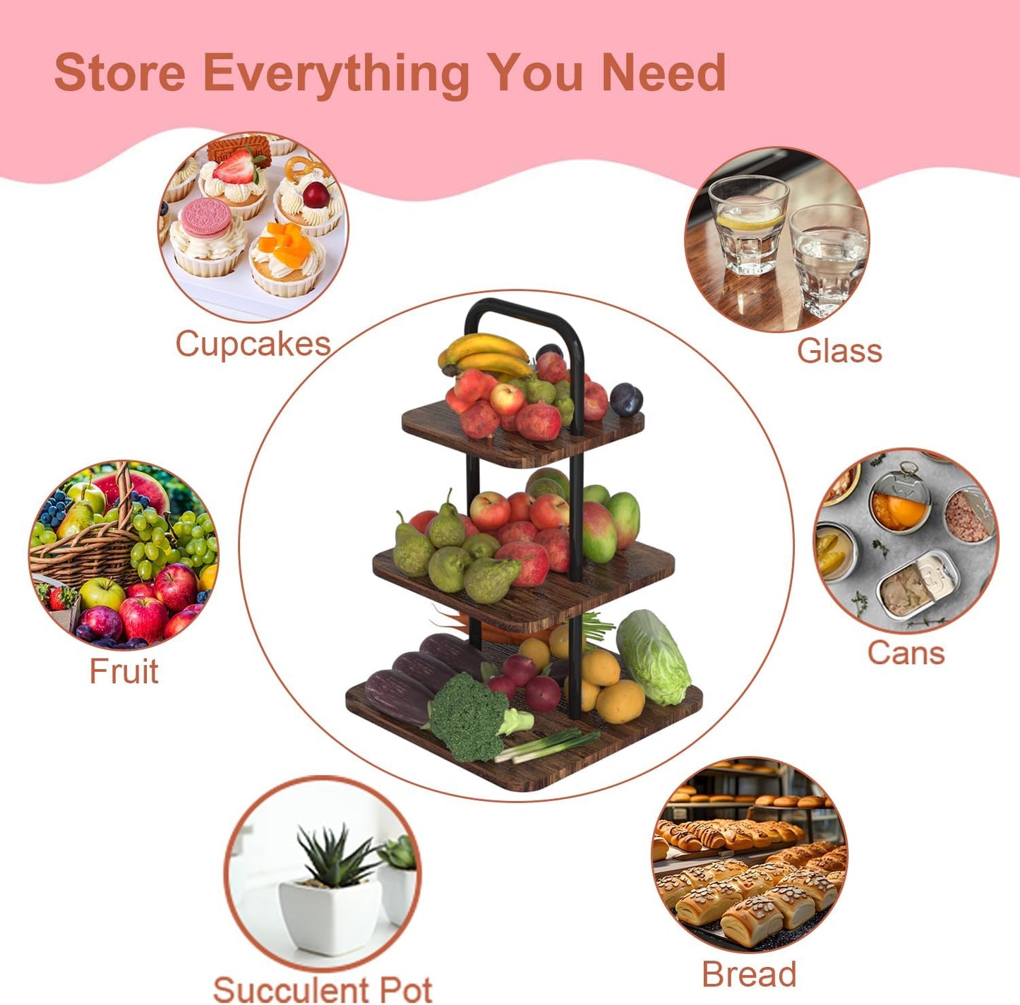 VyGrow Cupcake Stand 3-Tier Dessert Stand for 50 Cupcakes, Wood & Metal Tower Display Premium Holder Dessert Tree Tower for Christmas Birthday Weddings Party Decor, Serving Tray, Wood Brown