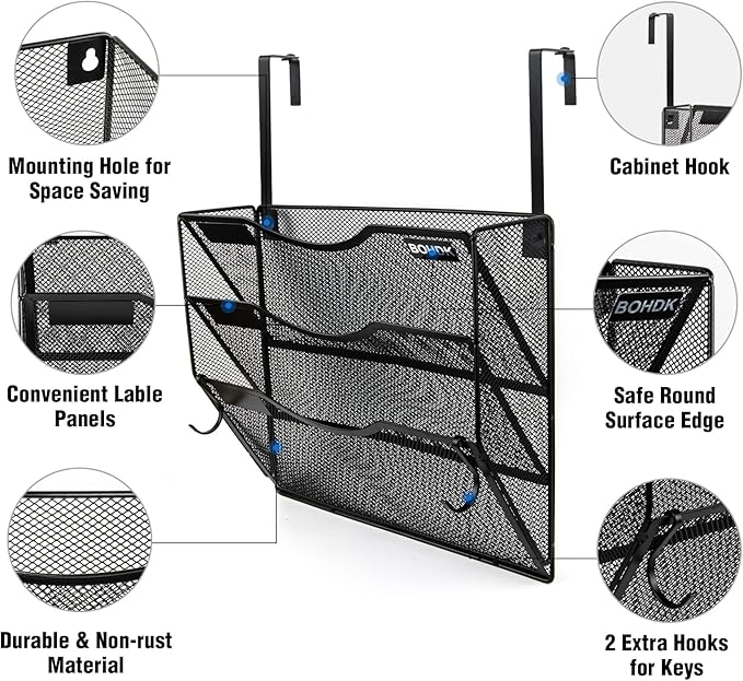 BOHDK Wall File Organizer, 3 Tire Hanging File Folder Mail Organizer, Vertical Mesh Metal Door/Wall Mount Hanging File Holder, Paper Document Magazine Rack with Hooks for Home Office Black