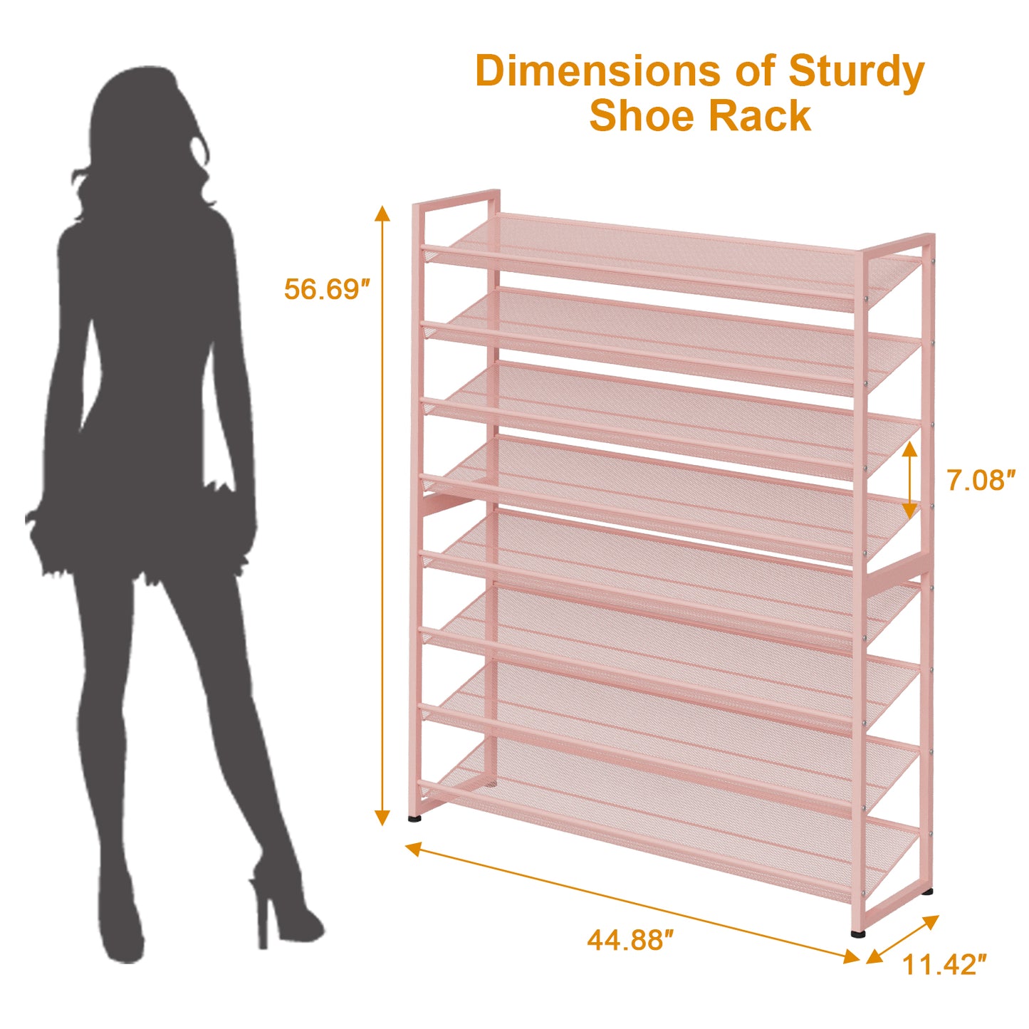 Large Shoe Rack 8 Tier Shoe Organizer, Heavy Duty Metal 4-Tier Stackable Shoe Storage Vertical Shoe Rack for Closet Front Door Entrance, Up to 50 Pairs, 44.8" W x 11.4" D x 56.7" H, Pink