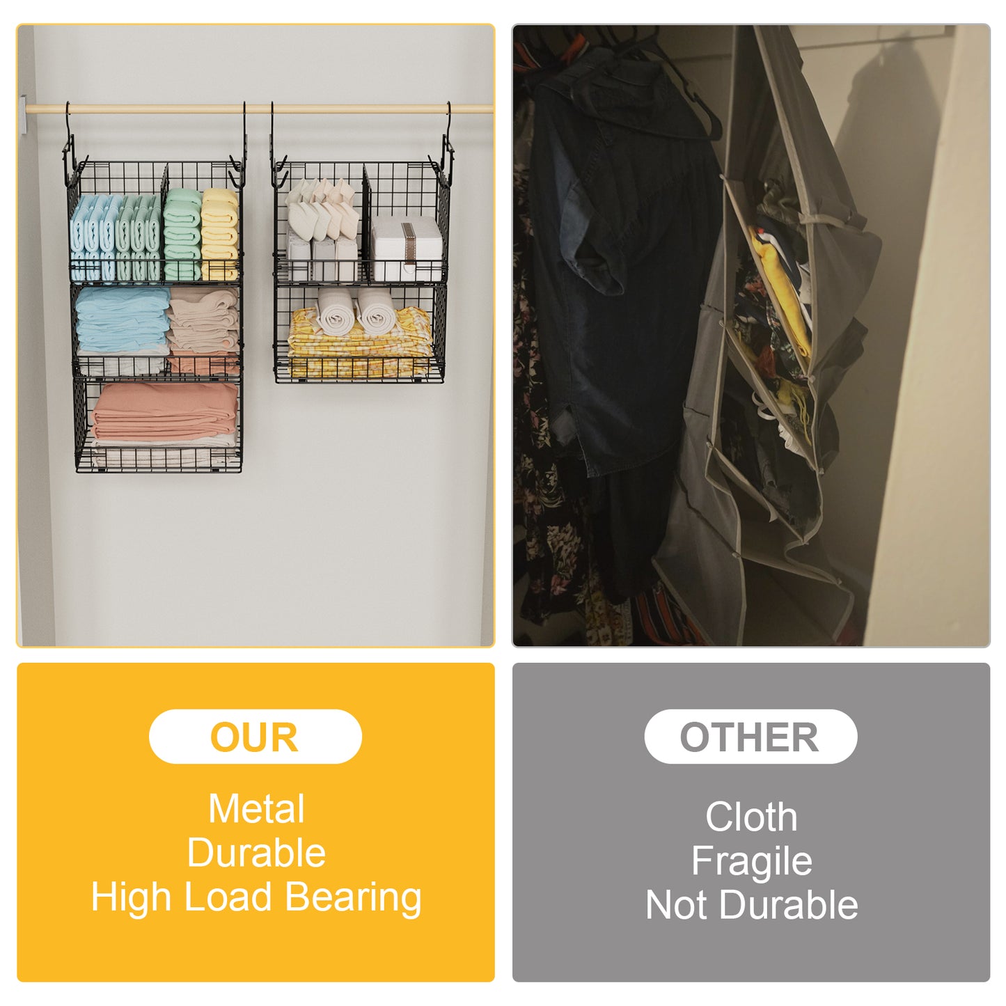 VyGrow 5 Tier Hanging Closet Organizer with Adjustable Dividers, Heavy-Duty Storage Shelves for Clothing, Kitchen, Laundry Room, Extra Large Baskets, 15.7" W x 11.8" D x 51" H, Black