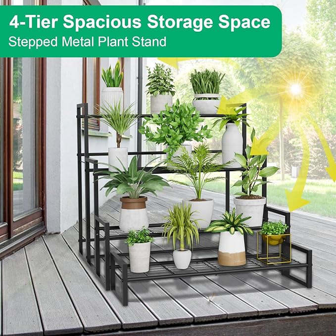 VyGrow Plant Stand, 4 Tier Stackable Tiered Plant Stand, Scalable Heavy Duty Tall Plant Shelf for Indoor Outdoor, Garden, Display Shelves, Flower Pot Holder, Blacken, Display Shelves, Flower Pot Holder, Black